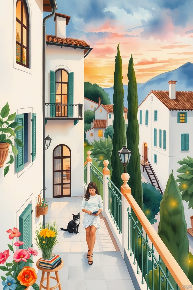 Cozy watercolor painting, art Deco, house, in an Italian town, flowers, Girl in white, cats, books,in summer, White House, neutral pastel color palette, sunset night, cozy lights, green plants, cypress trees, cozy balcony,