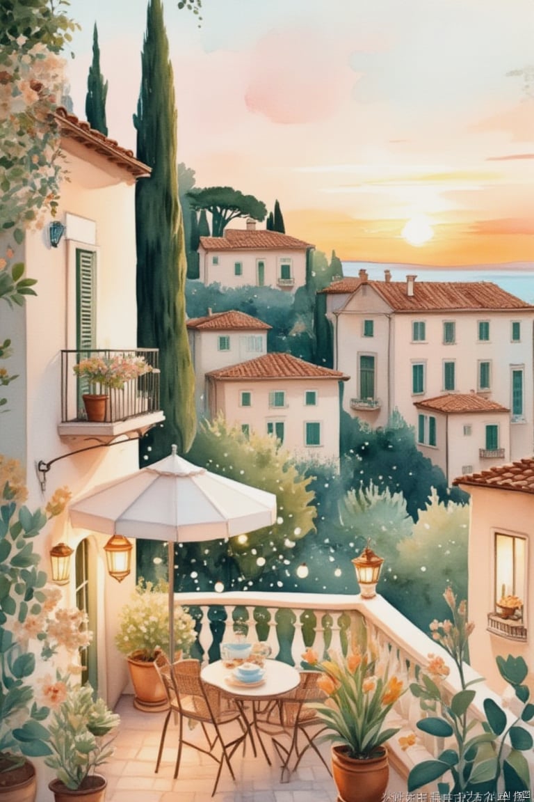 Comfortable watercolors, decorative arts, houses, in an Italian town, flowers, books, in summer, the White House, neutral color palette, sunset, comfortable lights, Chloroplastida, cypress, comfortable balconies,