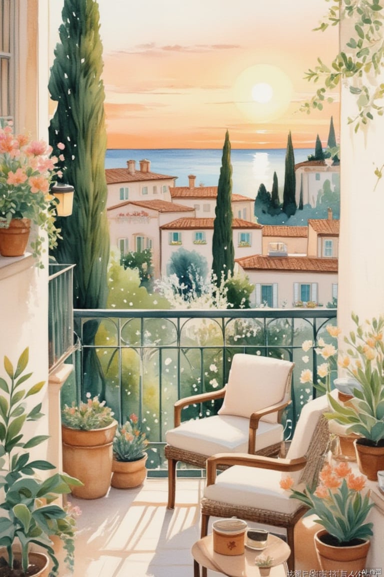 Comfortable watercolors, decorative arts, houses, in an Italian town, flowers, books, in summer, the White House, neutral color palette, sunset, comfortable lights, Chloroplastida, cypress, comfortable balconies,