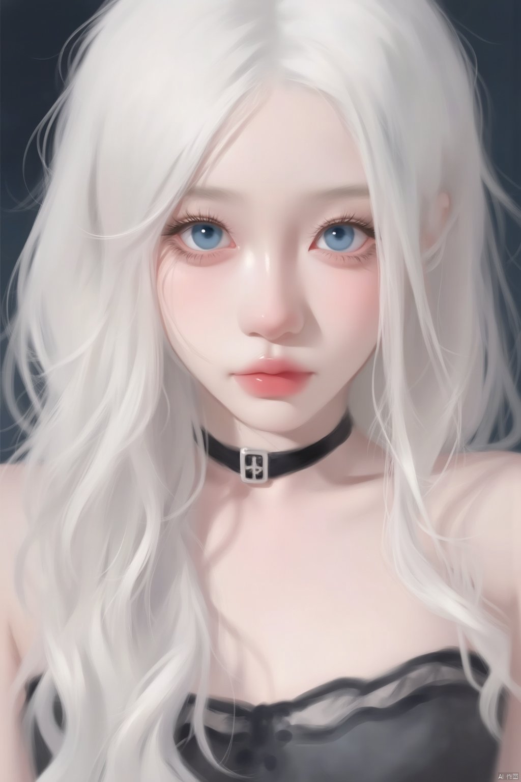 A digital art painting of a woman with long white hair and blue eyes. The woman is wearing a black choker around her neck. 