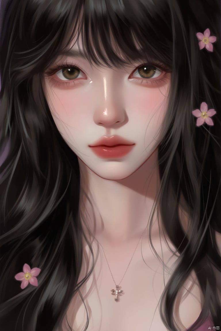 close-up shot, gazing directly at the viewer with a subtle smile. The black hair cascades down her back like a waterfall, adorned with flowers and adornments