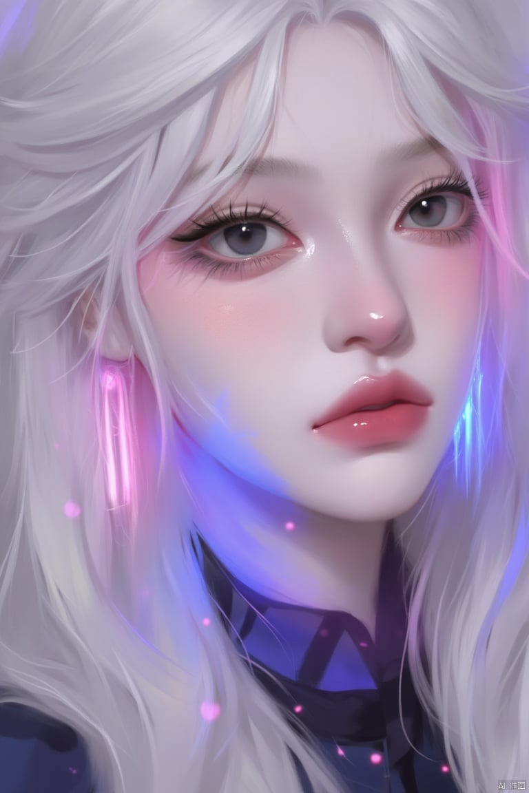 beautiful eyes, long eyelashes,red lips,banlanz,jewelry,cyborg,white hair,1girl,looking at viewer,,glowing pink special effects,gradient blue and pink Lights,split theme,simple background,makeup,chinese clothes,grey eyes,tassel,grey background,tassel earrings,black eyes,hair slicked back