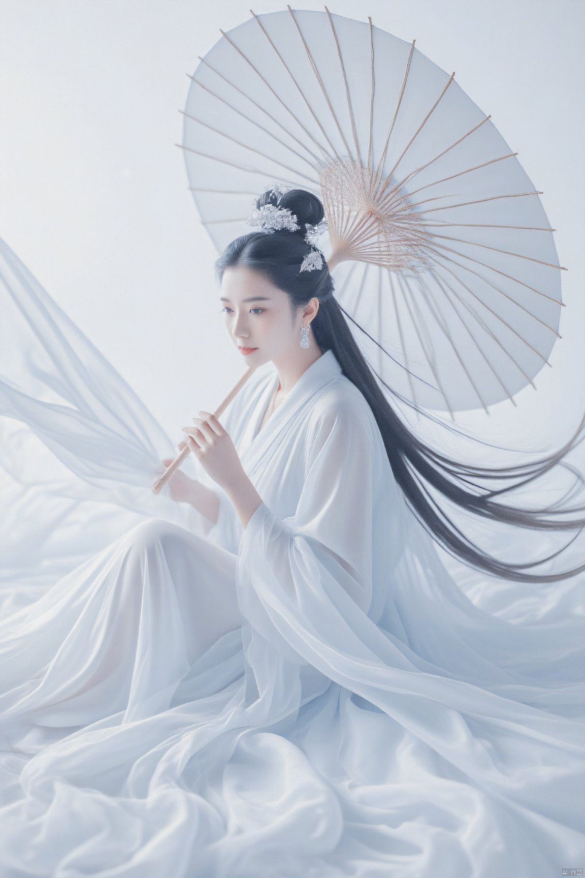 1girl, umbrella, long hair, solo, black hair, sitting, dress, jewelry, white dress, flower, hair ornament, chinese clothes, hanfu, branch, holding, full body, oil-paper umbrella, long sleeves, holding umbrella