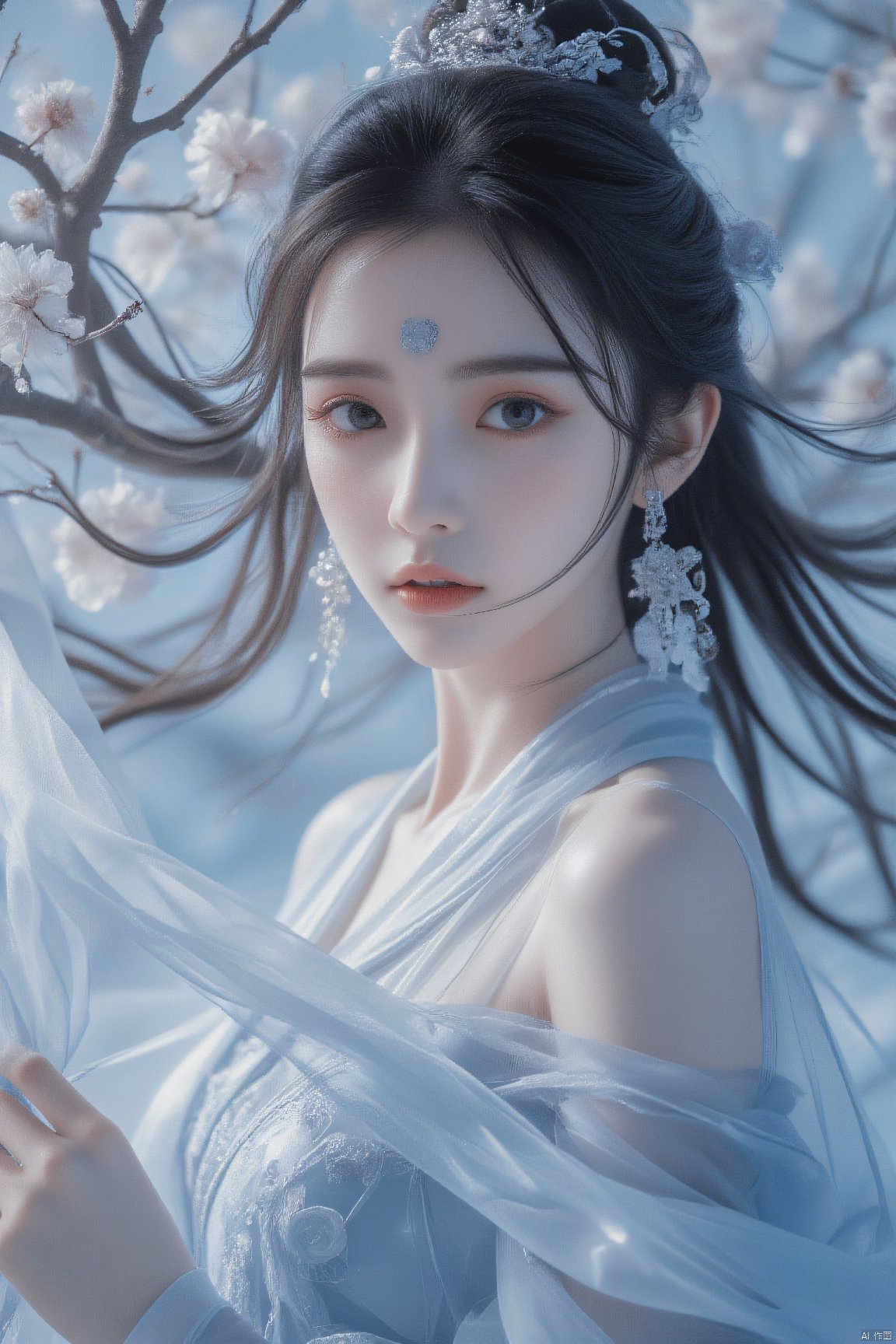 1girl, branch, solo, long hair, jewelry, earrings, hair ornament, forehead mark, dress, flower, facial mark, looking at viewer, from side, upper body, bare shoulders, chinese clothes, black hair, brown hair, white dress, hair bun, off shoulder, moon, closed mouth, expressionless, long sleeves, makeup,mzl