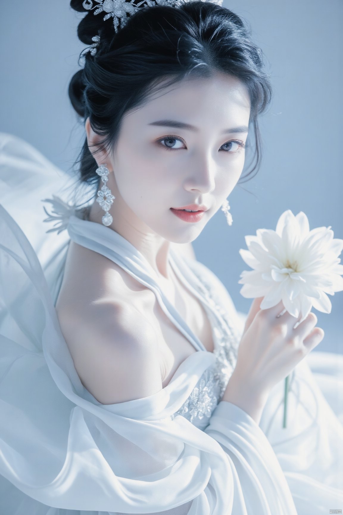 1girl, solo, looking at viewer, black hair, hair ornament, dress, holding, bare shoulders, jewelry, upper body, flower, earrings, parted lips, hair flower, necklace, off shoulder, white dress, mole, lips, mole under eye, bouquet, realistic,mzl