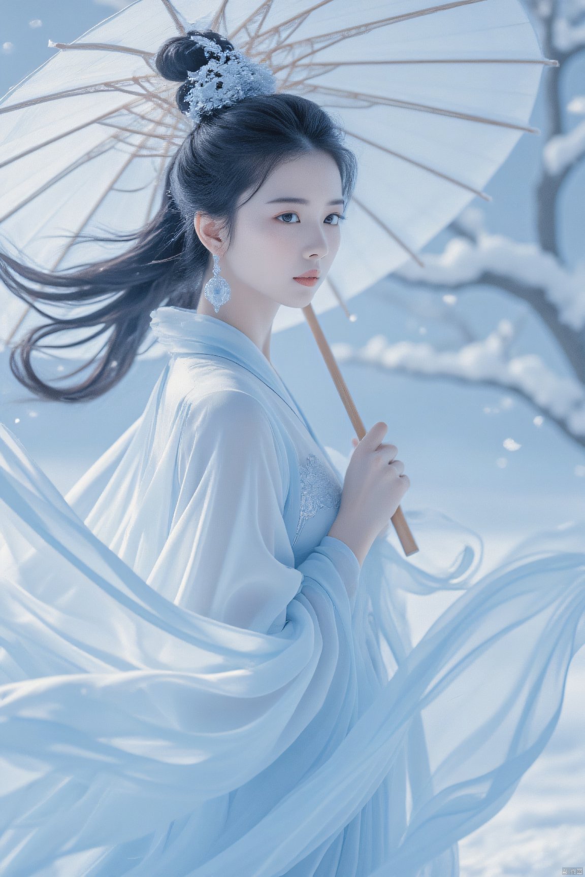 1girl, umbrella, solo, black hair, hair ornament, holding umbrella, holding, flower, jewelry, long hair, earrings, chinese clothes, dress, long sleeves, hair flower, blue eyes, upper body, hanfu, white dress, hair bun, snow, mole under eye, wide sleeves, snowing, oil-paper umbrella, from side, tree, facial mark, branch