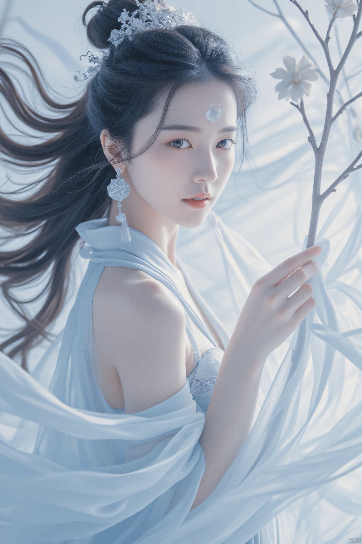 1girl, branch, solo, long hair, jewelry, earrings, hair ornament, forehead mark, dress, flower, facial mark, looking at viewer, from side, upper body, bare shoulders, chinese clothes, black hair, brown hair, white dress, hair bun, off shoulder, moon, closed mouth, expressionless, long sleeves, makeup,mzl