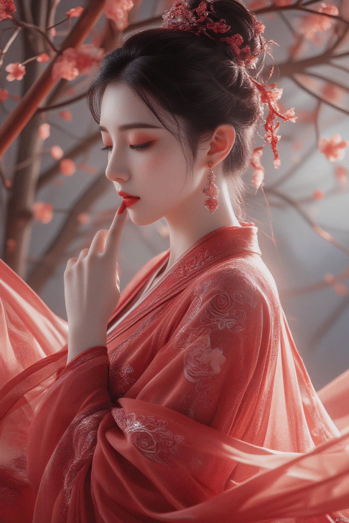 1girl, solo, jewelry, earrings, hair ornament, chinese clothes, hair bun, hanfu, red lips, upper body, black hair, long sleeves, hand up, shawl, makeup, red nails, single hair bun, red dress, from side, nail polish, bamboo, dress, finger to mouth, hand on own chin, updo, closed mouth, eyelashes, flower