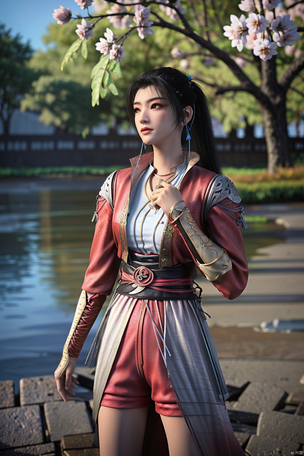 standing, (gravure_pose), dress, chinese_clothes, long_sleeves, looking_at_viewer, 8k, RAW photo, best_quality),(highly_detailed),(masterpiece:1.2),(ultra-detailed),(extremely_detailed_cg_8k_wallpaper),(realistic:1.2),(photorealistic:1.3),(scenery, waterfall, (cherry_blossoms), (milfeulle_sakuraba), (petals, falling_petals), full_moon, moon, night, moonlight, night_sky, sky, petals, water, stone),1girl, solo, black_hair, long_hair, hair_ornament, ponytail,  jewelry, earrings, makeup, cleavage, white_legwear,fingernails,nail_polish,photo_\(medium\),(crystal_texture_skin:1.3),(shiny_skin:1.4),(an_extremely_delicate_and_beautiful),,Xyinluoxia,cherry blossoms,(depth of field:1.5),