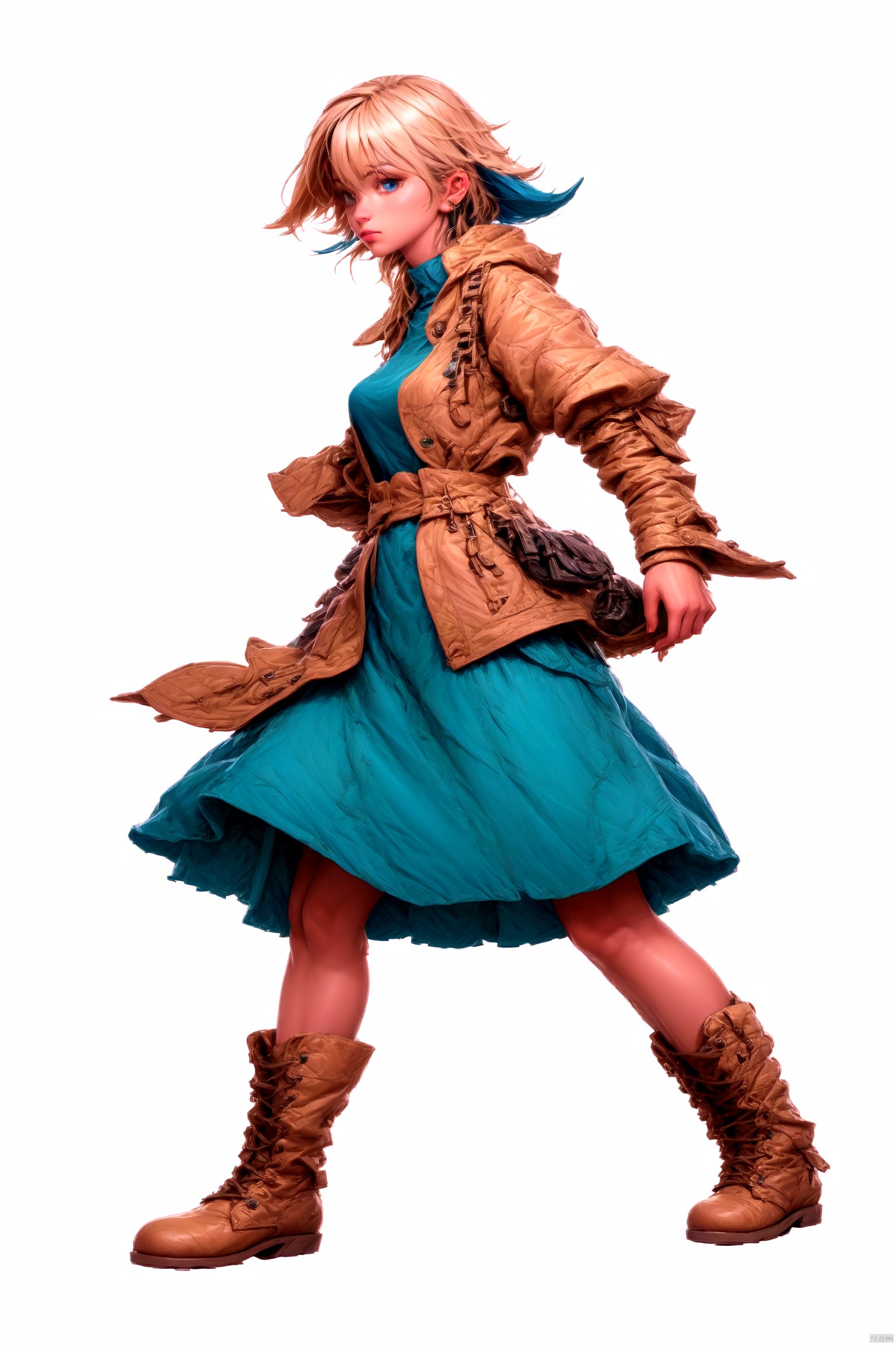 1girl, solo, breasts, looking at viewer, short hair, blue eyes, blonde hair, simple background, long sleeves, white background, dress, jewelry, closed mouth, standing, jacket, full body, multicolored hair, earrings, boots, open clothes, puffy sleeves, lips, coat, blue dress, brown footwear, brown jacket, arms at sides, ankle boots