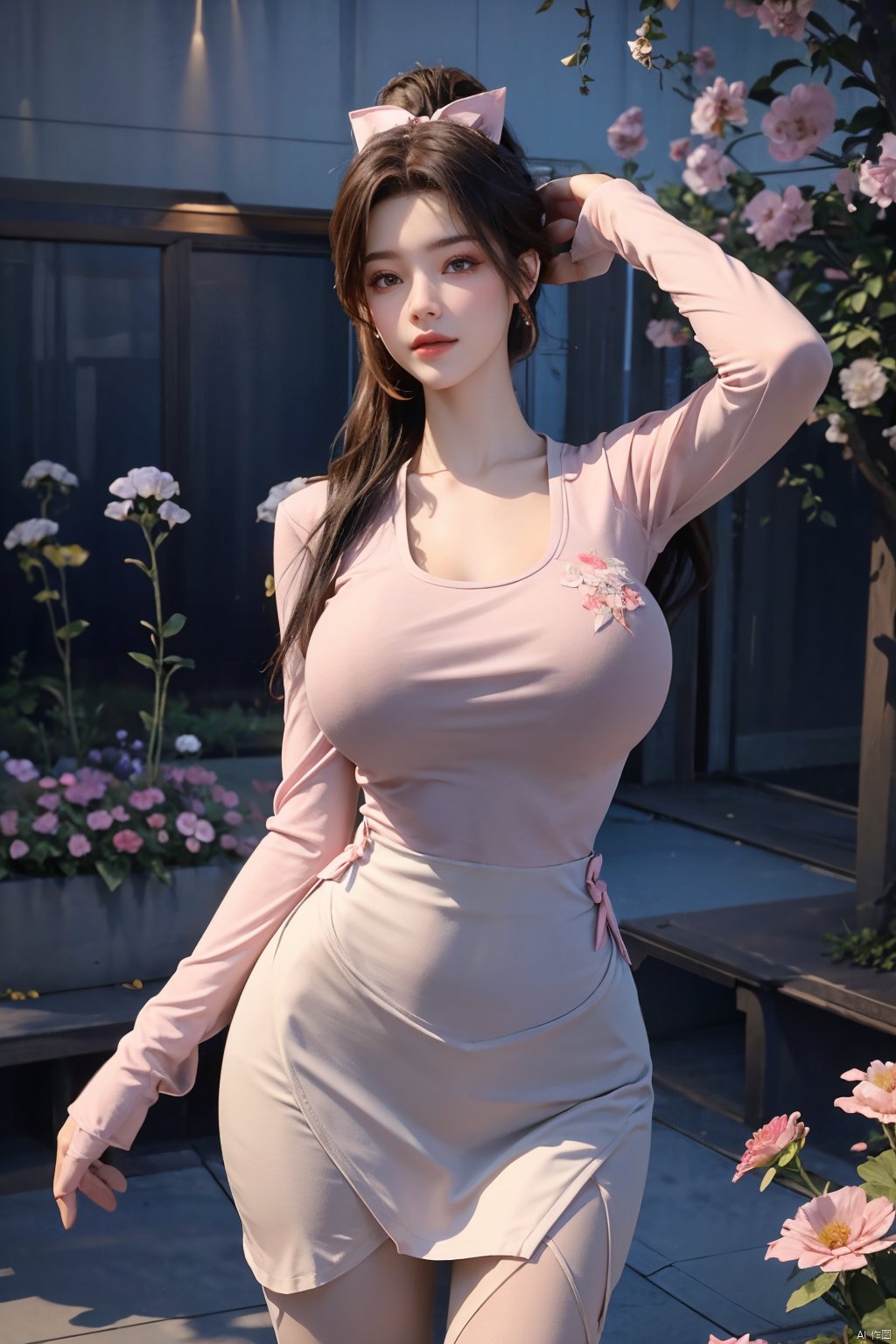  1girl,light rays,masterpiece, best quality, 1girl,solo,(pink clothing:1.5) (red drees:1.5),bangs, dynamic pose, mature female, highly detail,lips, blueeyes,pantyhose,pleated shan skirt shan,,(big breasts:1.99),(A garden full of flowers in the background:1.7),(Long wavy hair:1.5),(pink bow:1.6),(high ponytail:1.5), Yunxiao_Fairy