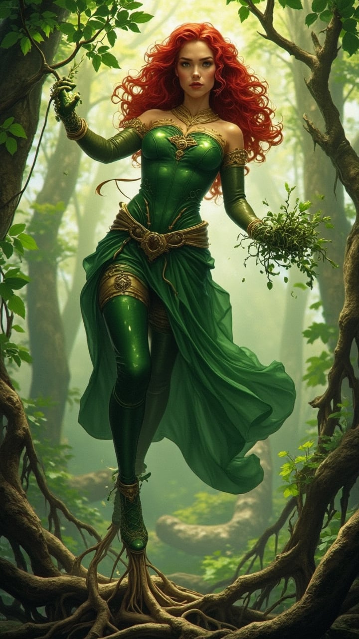 A woman, with the power of nature, she is able to control tree roots, she floats in the air There were large roots emerging from the ground that tied his feet, and she stretches out one hand with roots coming out And the leaves, Her clothes were green and sparkling red, her hair was long and red. Marvel comic style