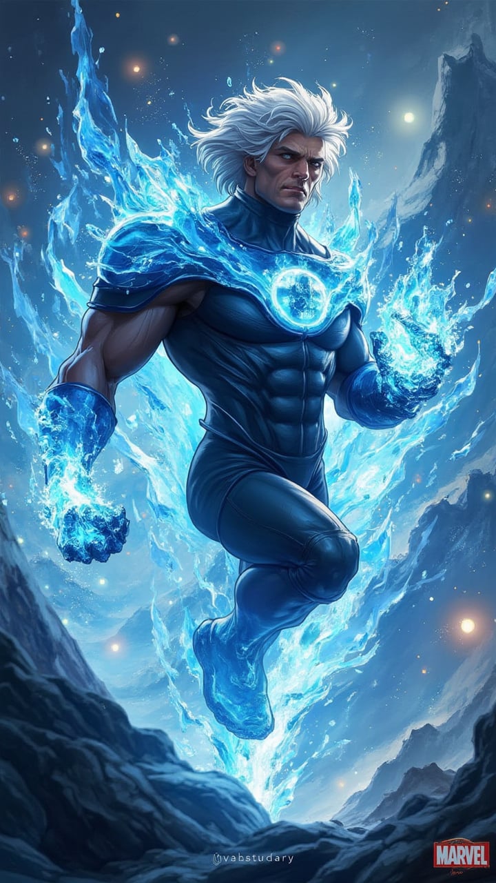 Handsome man with ice power, marvel comic style, 