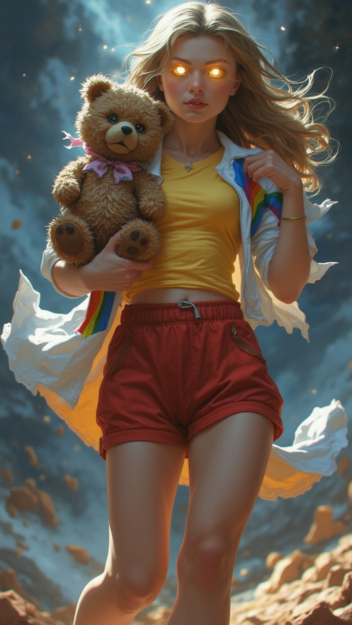 A girl holding a teddy bear, her eyes glow and she is able to make the dolls come to life, the teddy bear floats and there is a white aura surrounding the doll.The girl was wearing a yellow shirt, red shorts and a white jacket with a rainbow collar.
.
Marvel comic style