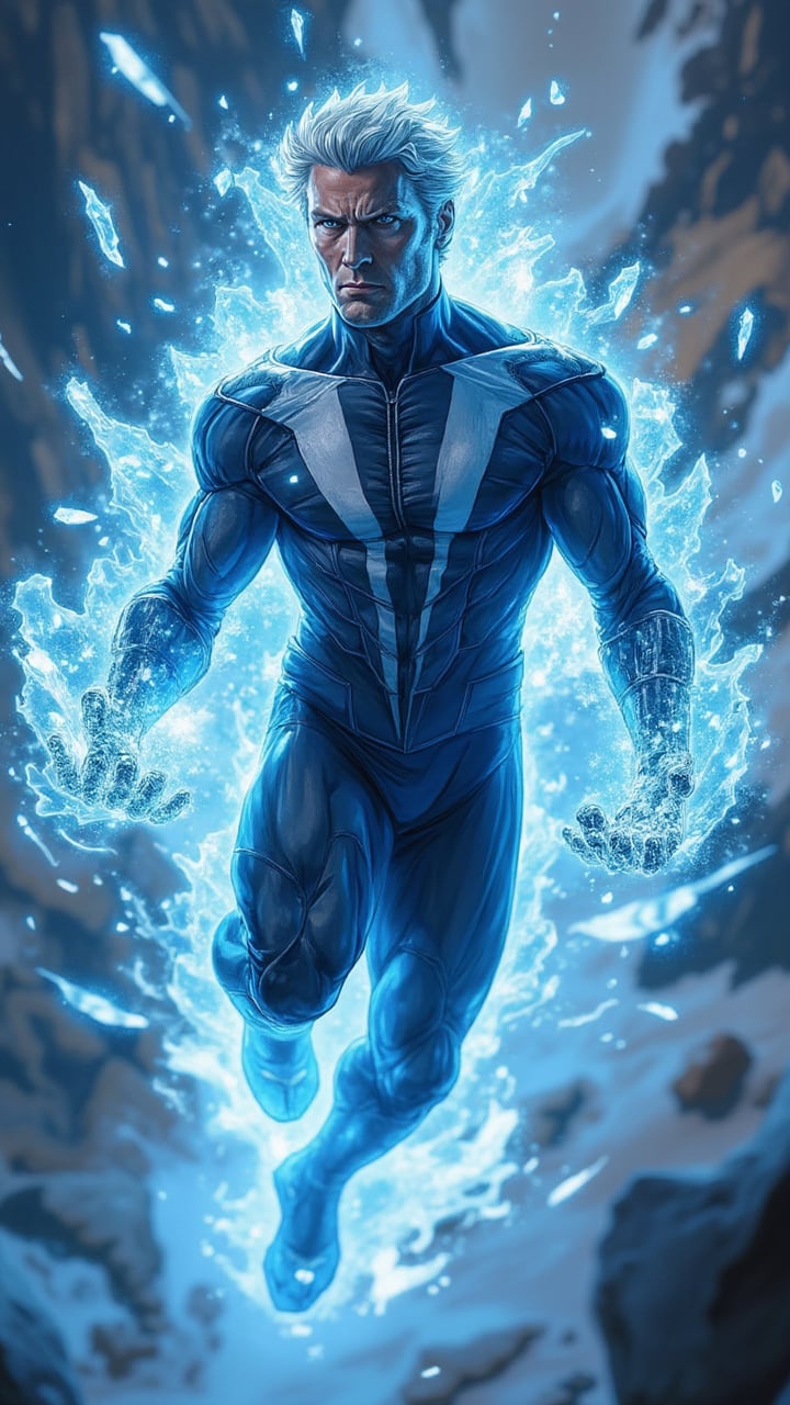 Handsome man with ice power, floating in the air marvel comic style, 