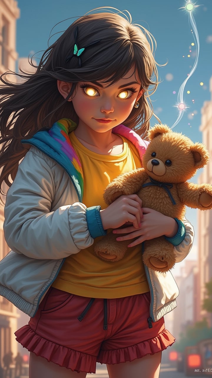 A girl holding a teddy bear, her eyes glow and she is able to make the dolls come to life, the teddy bear floats and there is a white aura surrounding the doll.The girl was wearing a yellow shirt, red shorts and a white jacket with a rainbow collar.
.
Marvel comic style