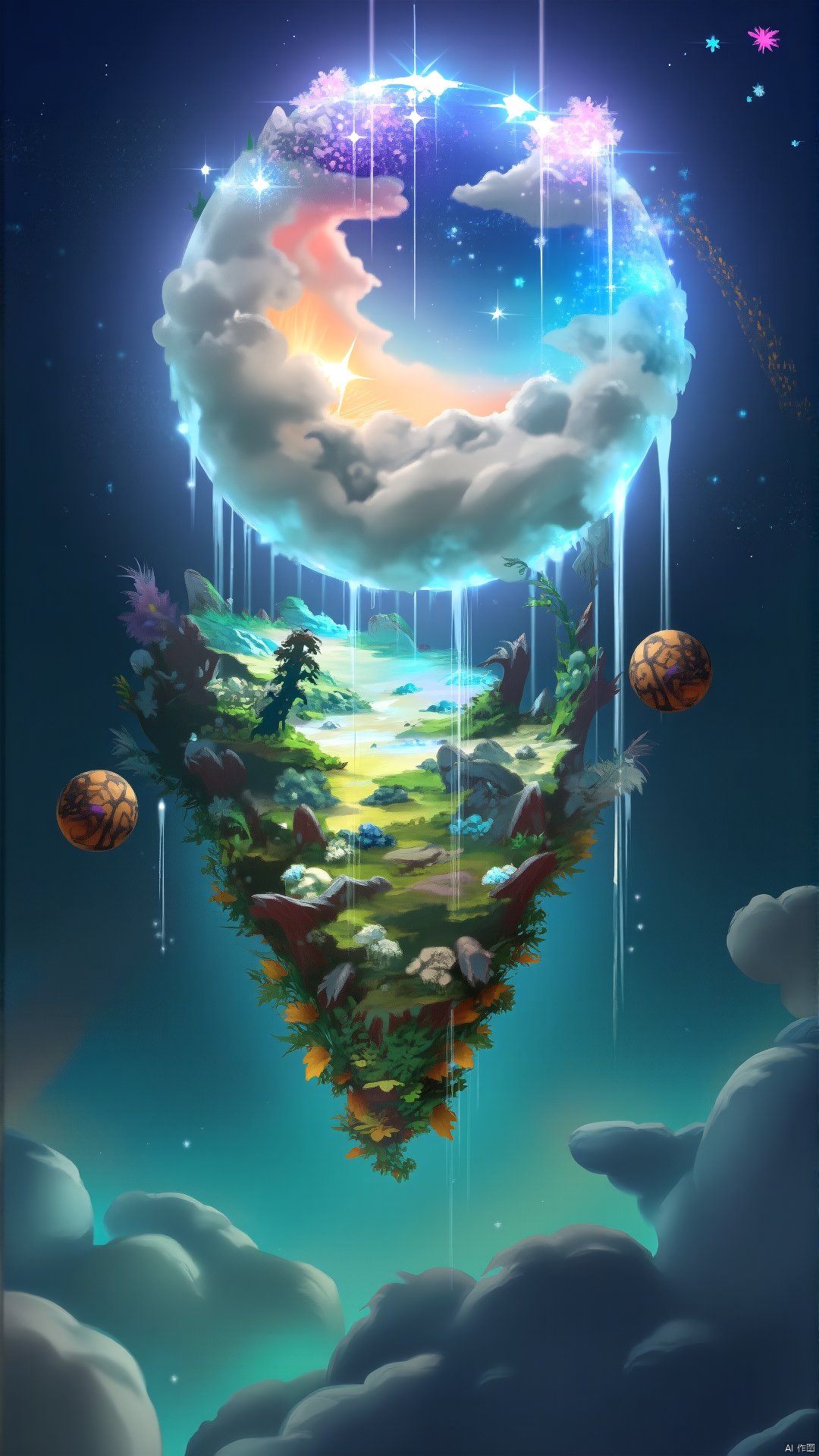 (Magic Universe, Fantasy style) Looking at the universe from a small perspective, multidimensional clouds are plants that float in different dimensions, their appearance is like suspended clouds in the air, but each layer of these clouds presents a different color and texture. Each level of the floating cloud is actually a slice of a different space that overlaps in the air to create a psychedelic visual effect. The outer layer of the floating cloud is made of a transparent curtain of light, in which you can see twinkling stars and flowing energy streams