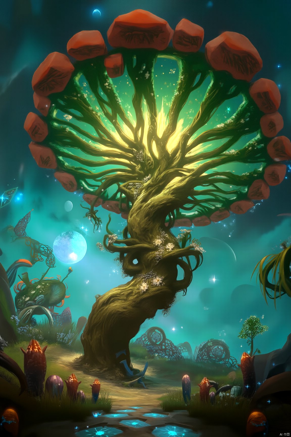 (Magic Universe, Fantasy style) Small view of the universe, Mushroom Planet, Time Spiral vine is a plant that grows in a flowing space-time, its vines show an endless spiral structure, along each circle of the spiral, the speed of the passage of time changes. The fruit on the vine is like an hourglass of time, containing quicksand that flows at different speeds over different periods of time. The surface of the vine will show complex patterns in different time flows, as if it were a tapestry of time.