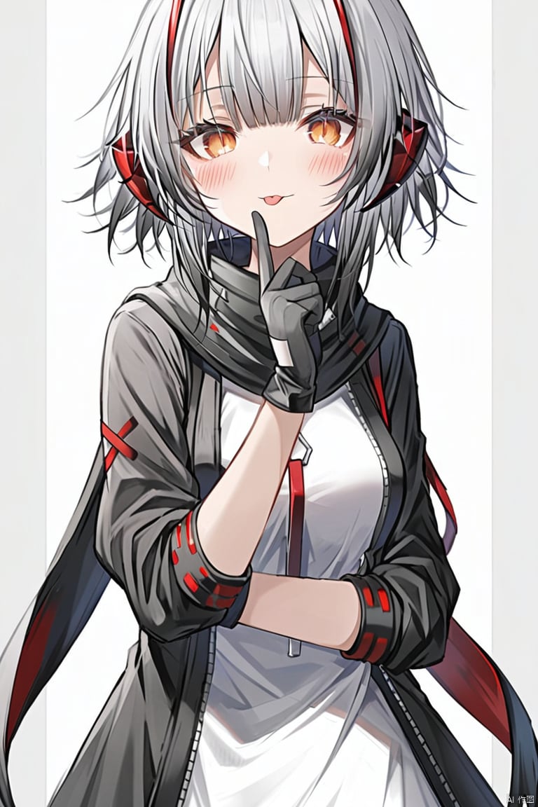 1girl, :p, ahoge, antennae, bangs, black_jacket, black_scarf, blush, breasts, eyebrows_visible_through_hair, gloves, grey_shirt, horns, jacket, long_sleeves, looking_at_viewer, medium_breasts, open_clothes, open_jacket, shirt, short_hair, silver_hair, smile, solo, tongue, tongue_out, upper_body, w_\(arknights\)