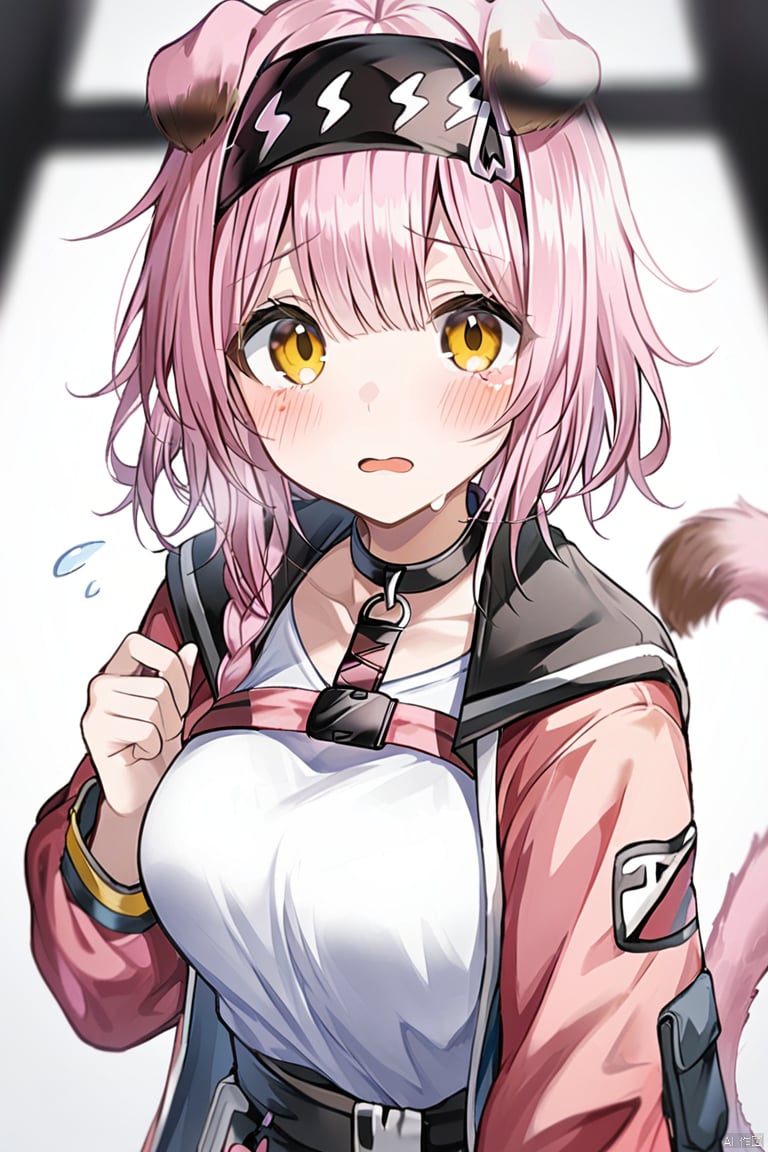 1girl, animal_ears, bangs, blurry, blurry_foreground, blush, braid, breasts, cat_ears, cat_girl, cat_tail, choker, depth_of_field, eyebrows_visible_through_hair, flying_sweatdrops, hairband, jacket, large_breasts, long_sleeves, looking_at_viewer,goldenglow_\(arknights\), motion_blur, pink_hair, pov, reaching_out, shirt, solo_focus, tail, yellow_eyes