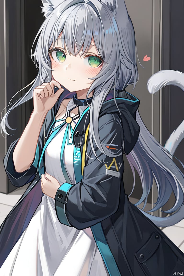 1girl, long hair, blush, smile, bangs, dress, animal ears, closed mouth, green eyes, jacket, tail, grey hair, heart, solo focus, cat ears, white dress, coat, cat tail, animal ear fluff, cat girl,heart tail, rosmontis \(arknights\)