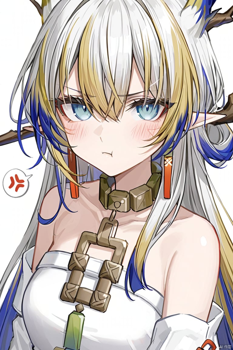 1girl, :t, anger_vein, angry, annoyed, bare_shoulders, blonde_hair, blush, breasts, closed_mouth, elf, hair_between_eyes, jewelry, long_hair, looking_at_viewer, multicolored_hair, off_shoulder, pointy_ears, pout, simple_background, spoken_anger_vein, two-tone_hair, white_background,shu_\(arknights\)