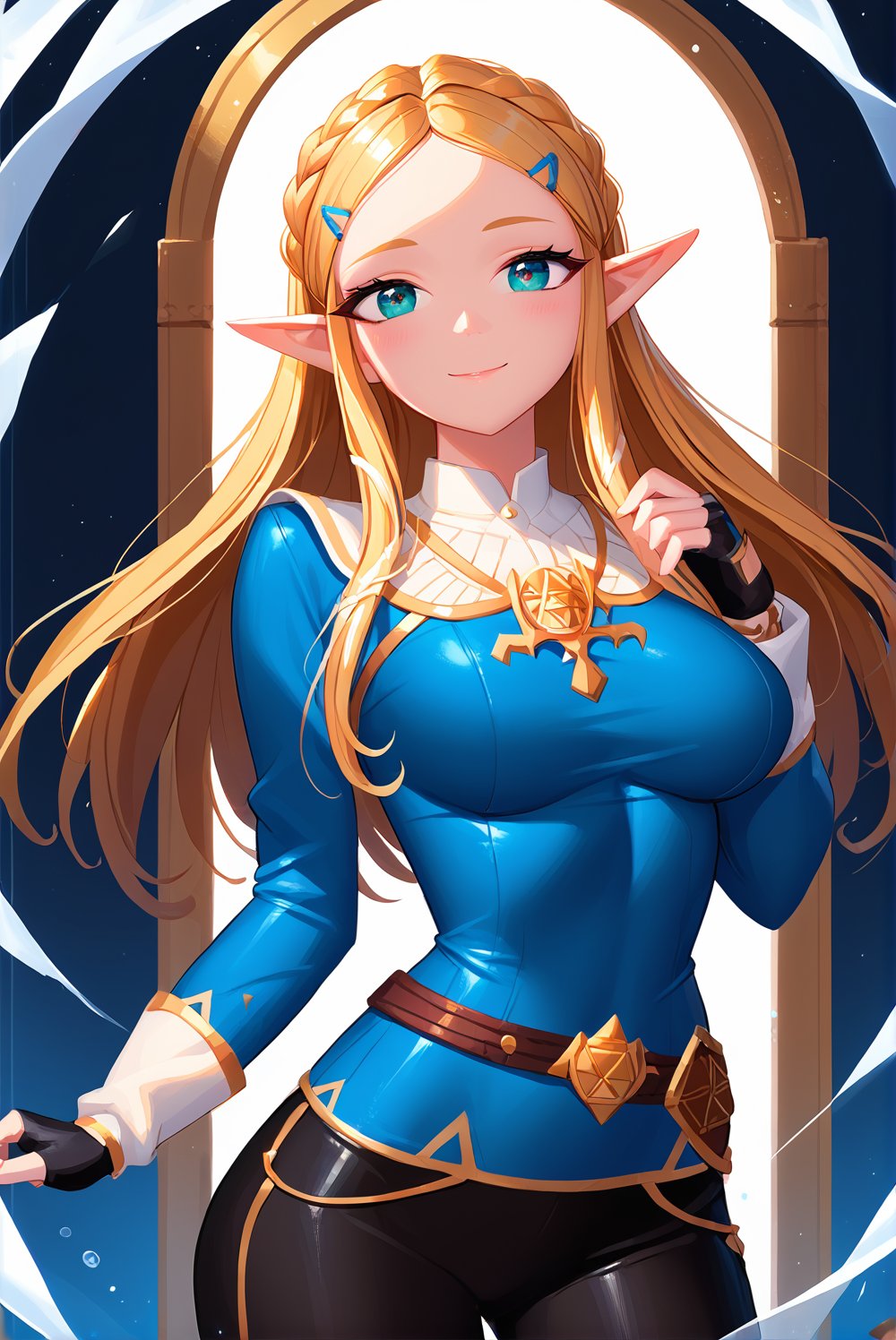 score_9_up, score_8_up, score_7_up, source_anime, (4nd43rz), 1girl,beautiful detailed eyes, ((masterpiece,best quality)), absurdres, solo, princess zelda, long hair, braided_hair, hairclip, pointy ears, blue shirt, long sleeves, fingerless gloves, black gloves, black pants, tight pants, smile, curvy, head tilt,