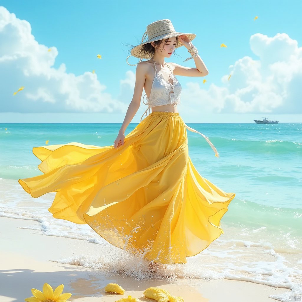 1 girl,yellow long skirt, full figure, enjoying the natural atmosphere at the beach, hot summer, , ,CGgirl,