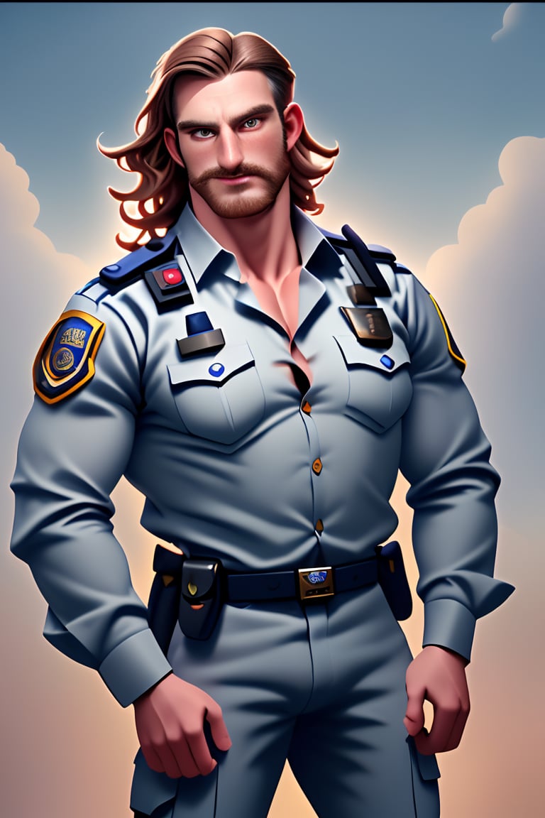 (masterpiece, only realistic, high quality), image of a handsome masculine manly Welsh man called Herin, medium hair, brown hair, beard, wearing well-rendered policeman shirt and policeman pants, beld, sidegun, outdoors, Wales background, highres image scan, associated press, uhd, matte, exceptional, epic,herin