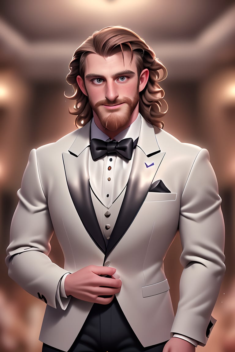 (masterpiece, only realistic, high quality), image of a handsome masculine manly Welsh man called Herin, medium hair, brown hair, beard, wearing well-rendered tuxedo, indoors, at the party royal gala ballroom, faded crowd in the background, highres image scan, associated press, uhd, matte, exceptional, epic,herin