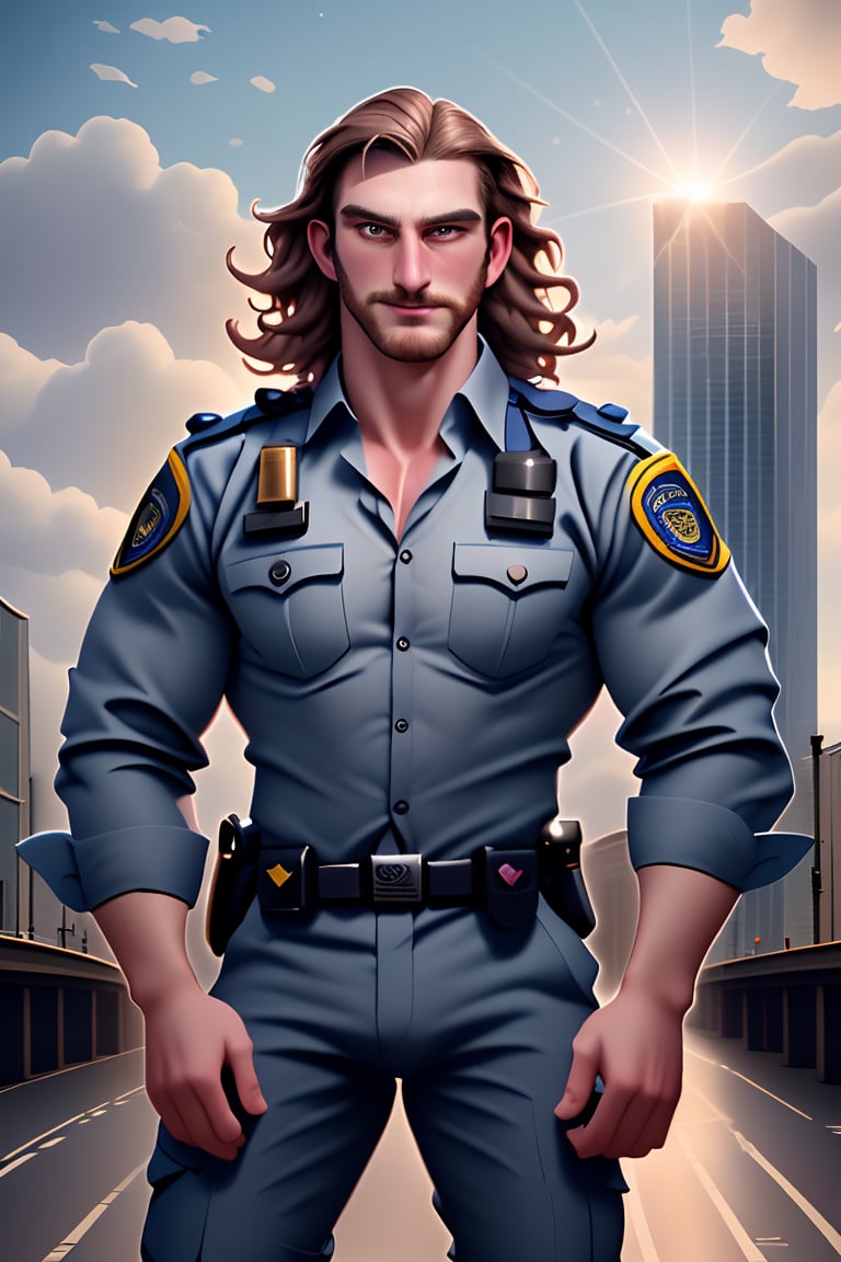 (masterpiece, only realistic, high quality), image of a handsome masculine manly Welsh man called Herin, medium hair, brown hair, beard, wearing well-rendered policeman closed shirt and policeman pants, beld, sidegun, outdoors, london city background, london tower, sky, bridge, building, clouds, sun, highres image scan, associated press, uhd, matte, exceptional, epic,herin