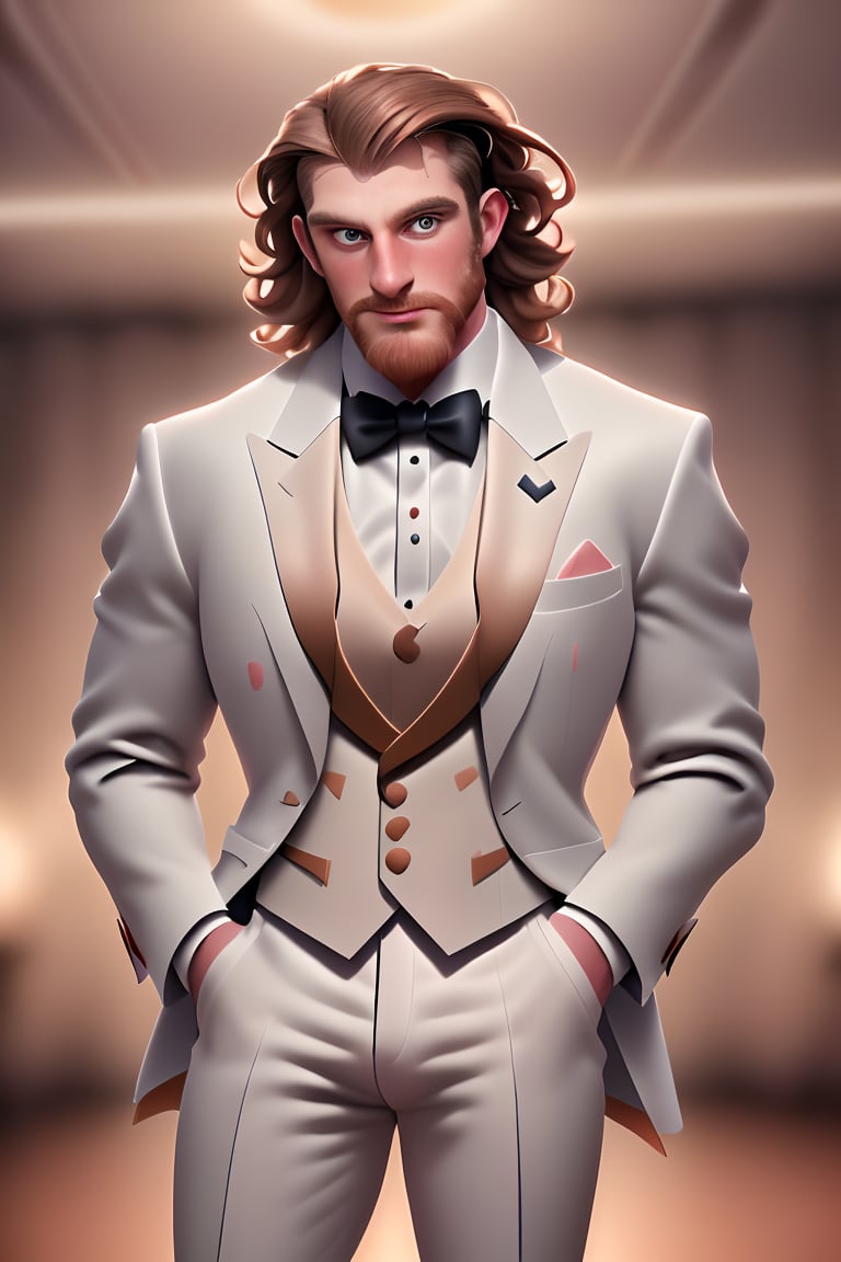 (masterpiece, only realistic, high quality), image of a handsome masculine manly Welsh man called Herin, medium hair, brown hair, beard, wearing well-rendered tuxedo, indoors, at the party royal gala ballroom, faded crowd in the background, highres image scan, associated press, uhd, matte, exceptional, epic,herin