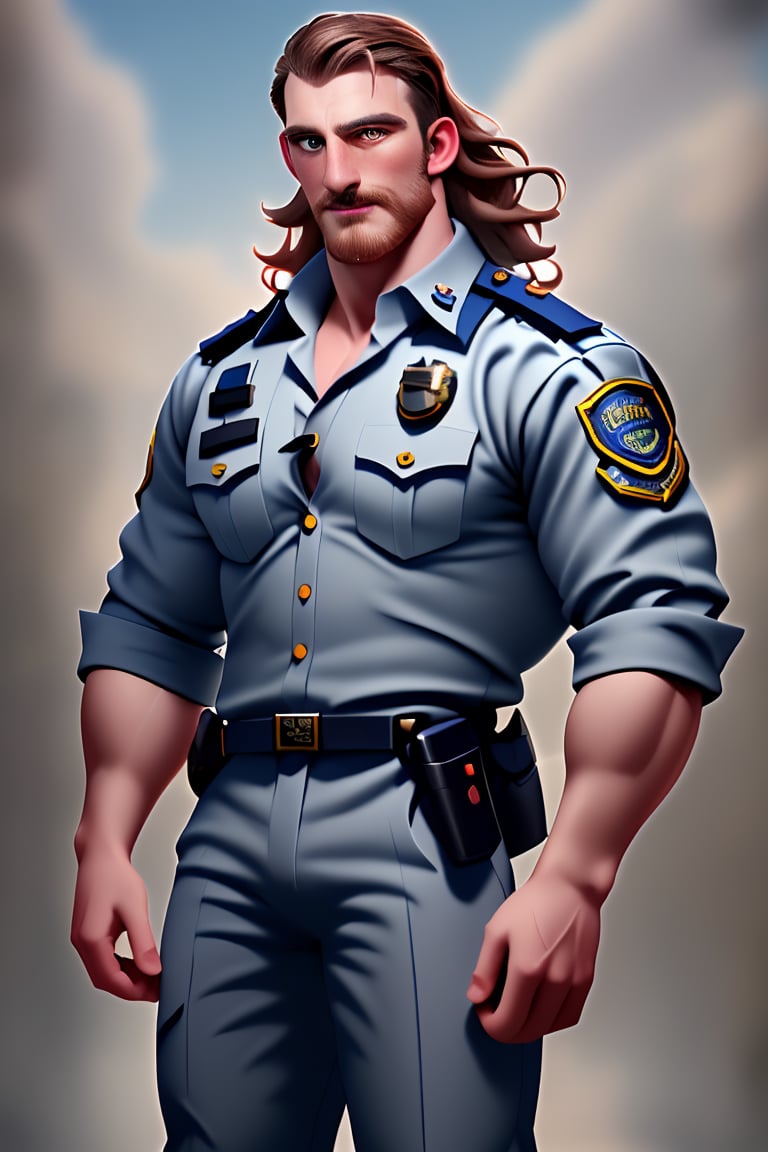 (masterpiece, only realistic, high quality), image of a handsome masculine manly Welsh man called Herin, medium hair, brown hair, beard, wearing well-rendered policeman shirt and policeman pants, beld, sidegun, outdoors, Wales background, highres image scan, associated press, uhd, matte, exceptional, epic,herin