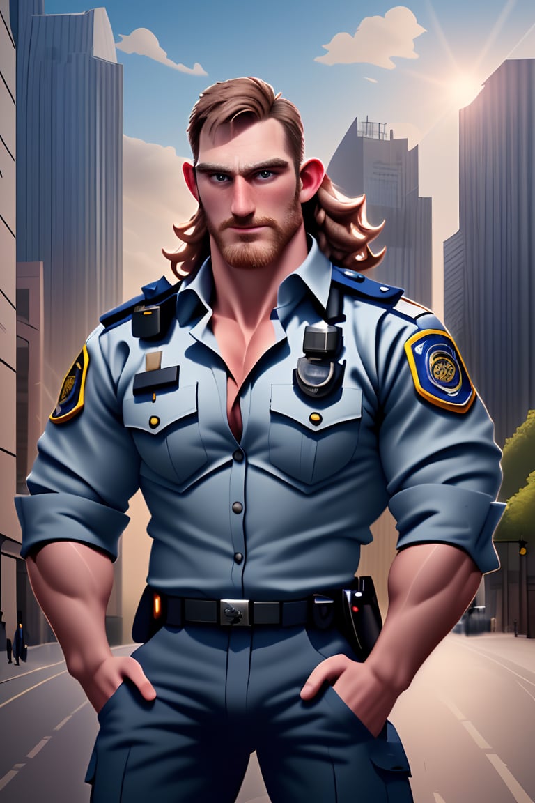 (masterpiece, only realistic, high quality), image of a handsome masculine manly Welsh man called Herin, medium hair, brown hair, beard, wearing well-rendered policeman closed shirt and policeman pants, beld, sidegun, outdoors, london city background, london tower, sky, bridge, building, clouds, sun, highres image scan, associated press, uhd, matte, exceptional, epic,herin