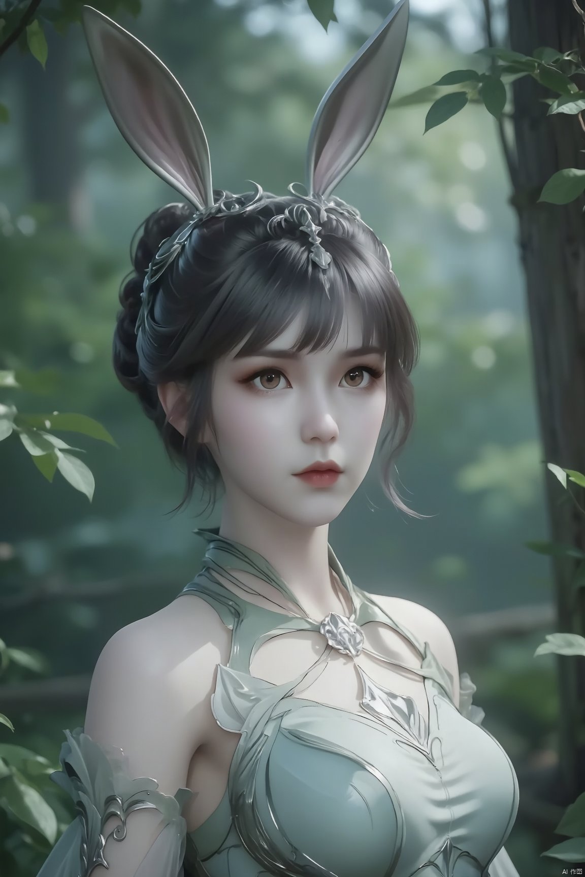 Produce a 4K, high-resolution masterpiece image of a graceful 1girl,xiaowu,black hair,Rabbit ears,The image is ultra-detailed and photorealistic, showcasing historical elegance. The intricate updo hairstyle complements the bewildering yet charming expression, highlighted by beautiful detailed eyes,and high-detail facial features. The scene is set in a serene forest clearing under the moonlight, with a mystic and ethereal atmosphere. Soft jade and ivory colors blend with the undergrowth's verdant greenery and subtle ambient shadows, reflecting an ancient Chinese cultural aesthetic. The spirit's magnetic presence is enhanced by diaphanous sleeves fluttering slightly in the gentle breeze.,xiaowu