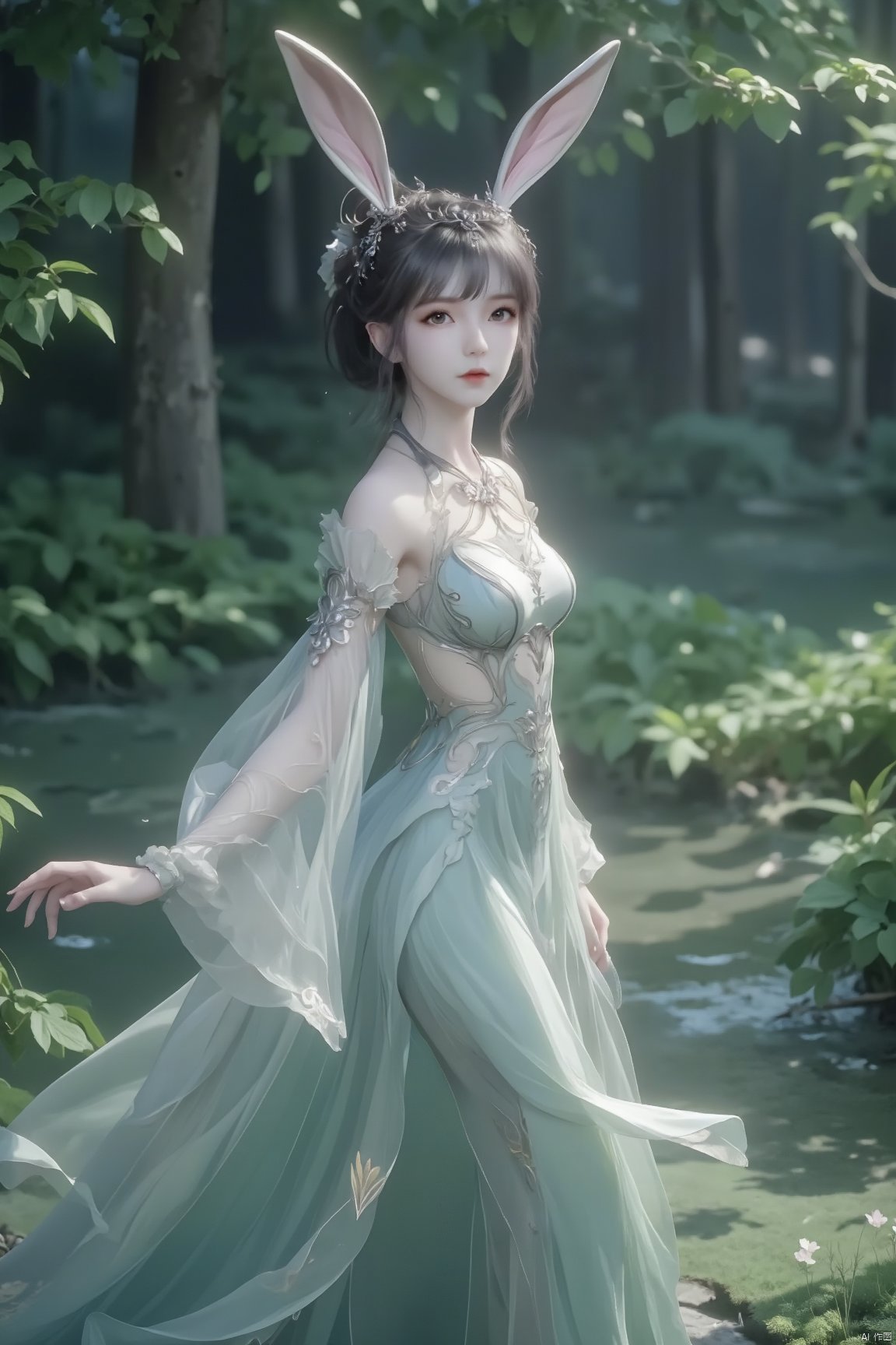 Produce a 4K, high-resolution masterpiece image of a graceful 1girl,xiaowu,black hair,Rabbit ears,full body,The image is ultra-detailed and photorealistic, showcasing historical elegance. The intricate updo hairstyle complements the bewildering yet charming expression, highlighted by beautiful detailed eyes,and high-detail facial features. The scene is set in a serene forest clearing under the moonlight, with a mystic and ethereal atmosphere. Soft jade and ivory colors blend with the undergrowth's verdant greenery and subtle ambient shadows, reflecting an ancient Chinese cultural aesthetic. The spirit's magnetic presence is enhanced by diaphanous sleeves fluttering slightly in the gentle breeze.,xiaowu