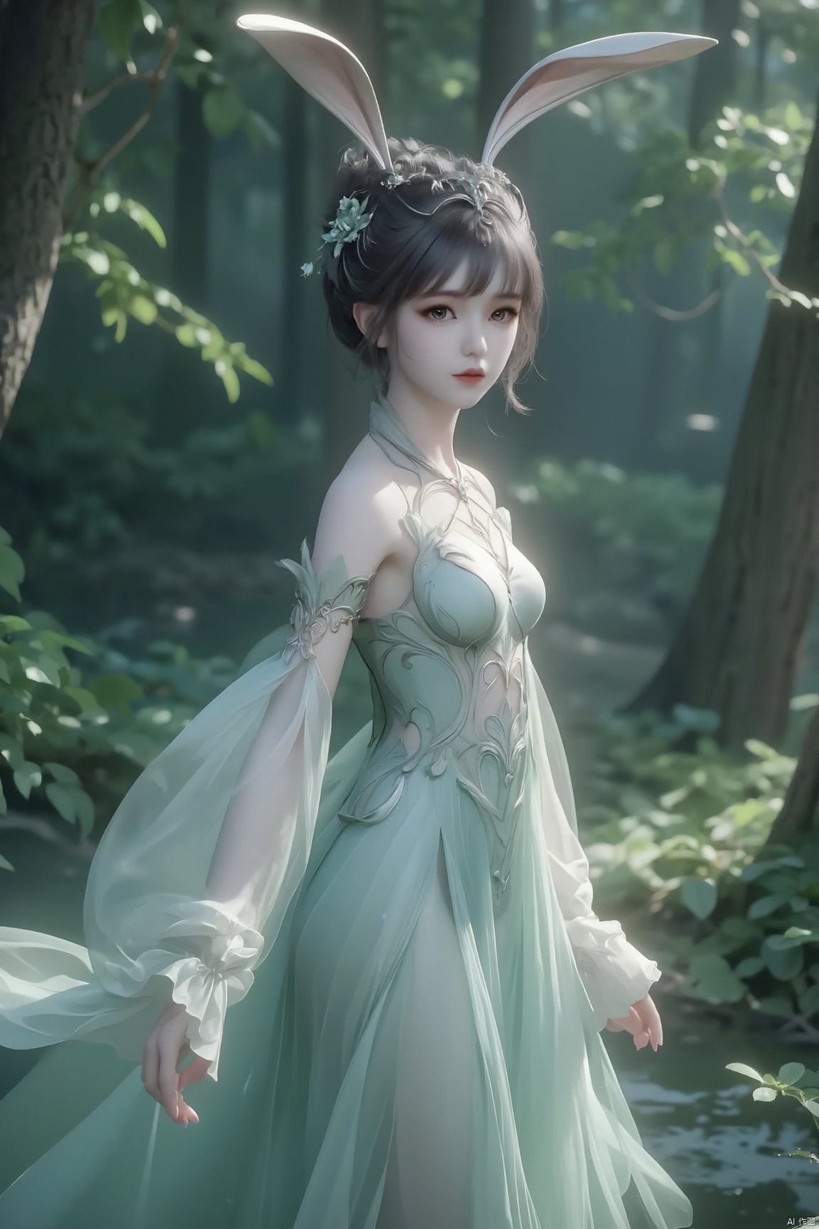 Produce a 4K, high-resolution masterpiece image of a graceful 1girl,xiaowu,black hair,Rabbit ears,The image is ultra-detailed and photorealistic, showcasing historical elegance. The intricate updo hairstyle complements the bewildering yet charming expression, highlighted by beautiful detailed eyes,and high-detail facial features. The scene is set in a serene forest clearing under the moonlight, with a mystic and ethereal atmosphere. Soft jade and ivory colors blend with the undergrowth's verdant greenery and subtle ambient shadows, reflecting an ancient Chinese cultural aesthetic. The spirit's magnetic presence is enhanced by diaphanous sleeves fluttering slightly in the gentle breeze.,xiaowu