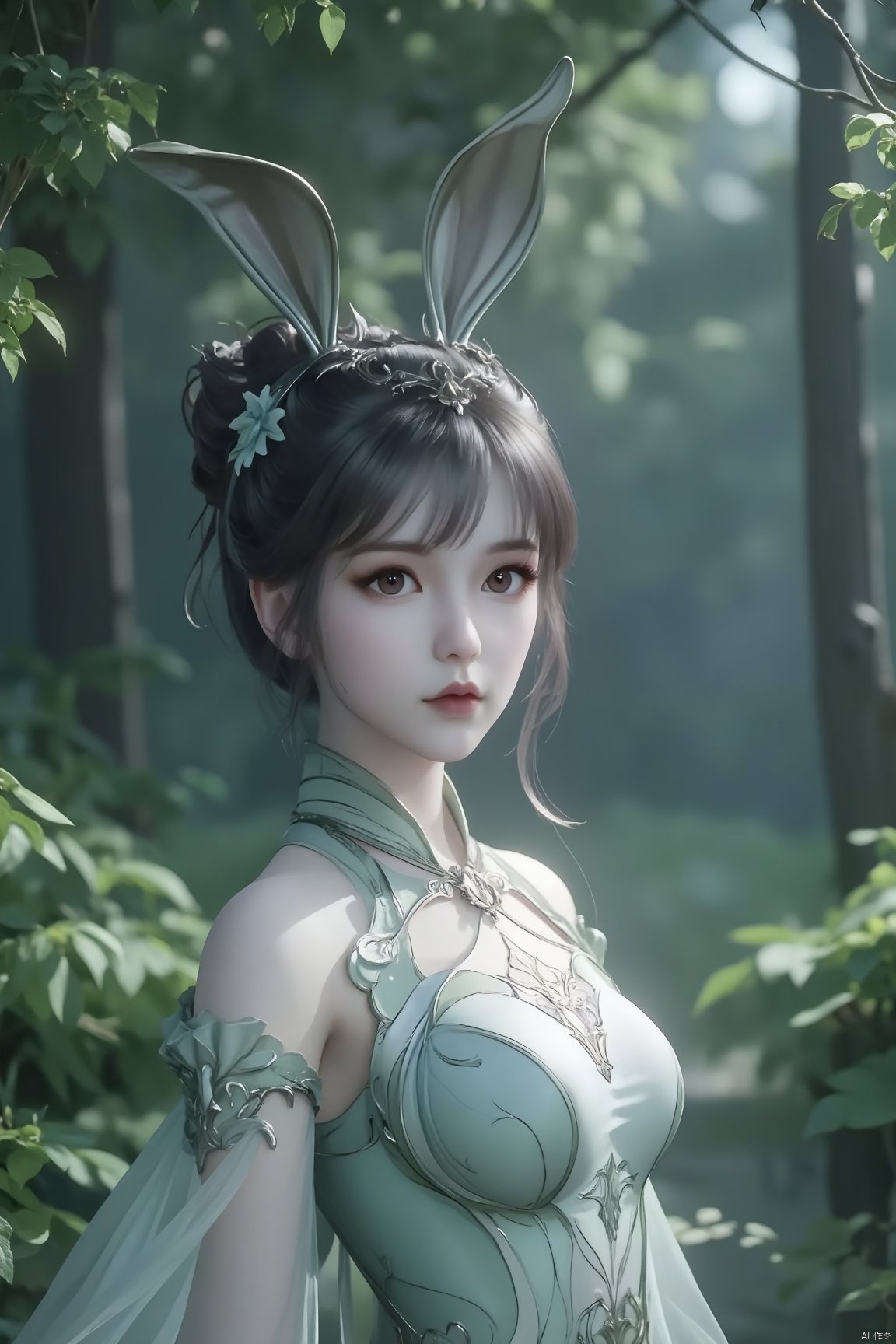 Produce a 4K, high-resolution masterpiece image of a graceful 1girl,xiaowu,black hair,Rabbit ears,full body,The image is ultra-detailed and photorealistic, showcasing historical elegance. The intricate updo hairstyle complements the bewildering yet charming expression, highlighted by beautiful detailed eyes,and high-detail facial features. The scene is set in a serene forest clearing under the moonlight, with a mystic and ethereal atmosphere. Soft jade and ivory colors blend with the undergrowth's verdant greenery and subtle ambient shadows, reflecting an ancient Chinese cultural aesthetic. The spirit's magnetic presence is enhanced by diaphanous sleeves fluttering slightly in the gentle breeze.,xiaowu