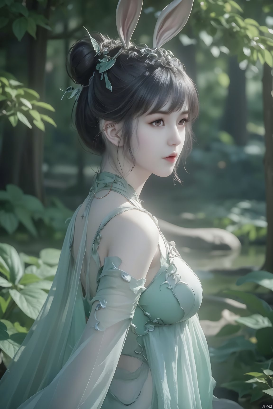 Produce a 4K, high-resolution masterpiece image of a graceful 1girl,xiaowu,black hair,Rabbit ears,The image is ultra-detailed and photorealistic, showcasing historical elegance. The intricate updo hairstyle complements the bewildering yet charming expression, highlighted by beautiful detailed eyes,and high-detail facial features. The scene is set in a serene forest clearing under the moonlight, with a mystic and ethereal atmosphere. Soft jade and ivory colors blend with the undergrowth's verdant greenery and subtle ambient shadows, reflecting an ancient Chinese cultural aesthetic. The spirit's magnetic presence is enhanced by diaphanous sleeves fluttering slightly in the gentle breeze.,xiaowu