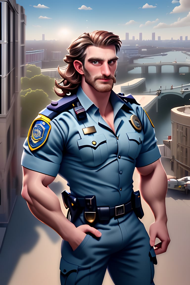 (masterpiece, only realistic, high quality), image of a handsome masculine manly Welsh man called Herin, medium hair, brown hair, beard, wearing well-rendered policeman closed shirt and policeman pants, beld, sidegun, outdoors, london city background, london tower, sky, bridge, building, clouds, sun, highres image scan, associated press, uhd, matte, exceptional, epic,herin