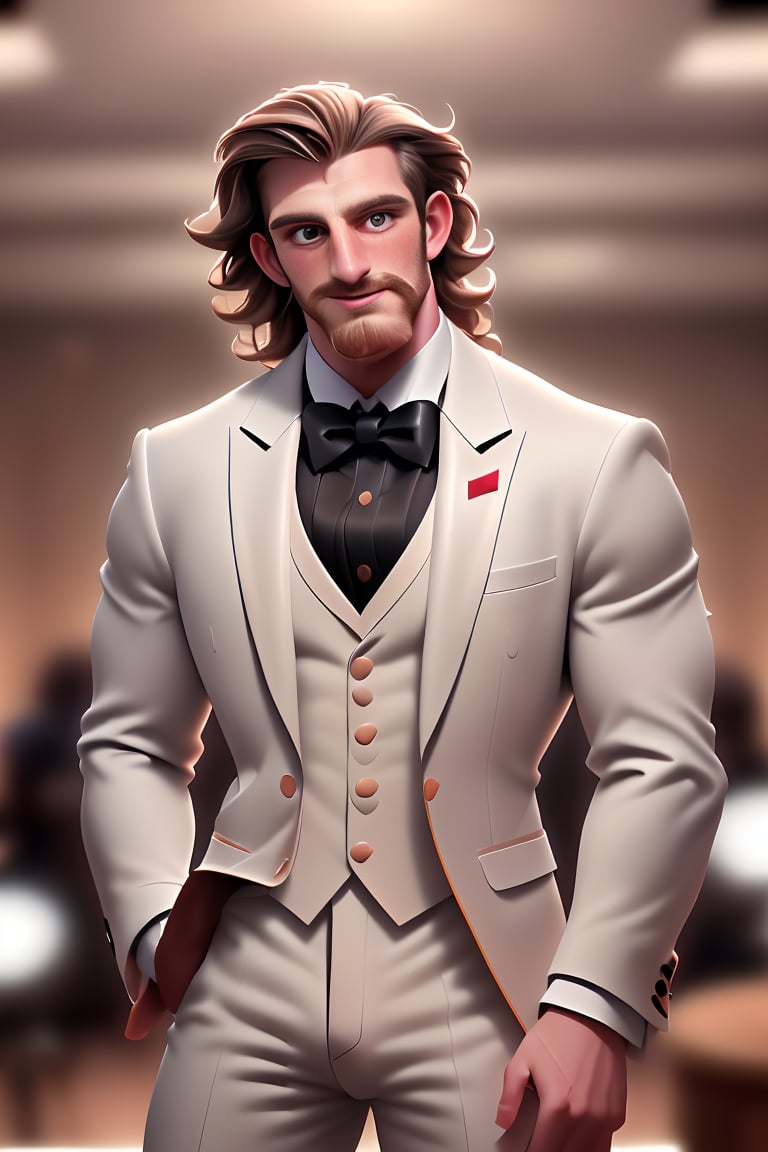  (masterpiece, only realistic, high quality), image of a handsome masculine manly Welsh man called Herin, medium hair, brown hair, beard, wearing well-rendered tuxedo, indoors, at the party royal gala ballroom, faded crowd in the background, highres image scan, associated press, uhd, matte, exceptional, epic,herin