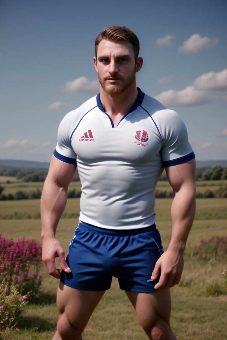 Herin, the rugged Welsh gentleman, stands tall in a picturesque countryside setting. His pale-brown beard and masculine wavy hair are perfectly rendered against the soft, matte sky with subtle faded hues. He wears a vibrant red and black rugby shirt, contrasting beautifully with the lush green fields. With his bright blue eyes sparkling, Herin exudes confidence and masculinity as he poses in his athletic gear, surrounded by nature's splendor.