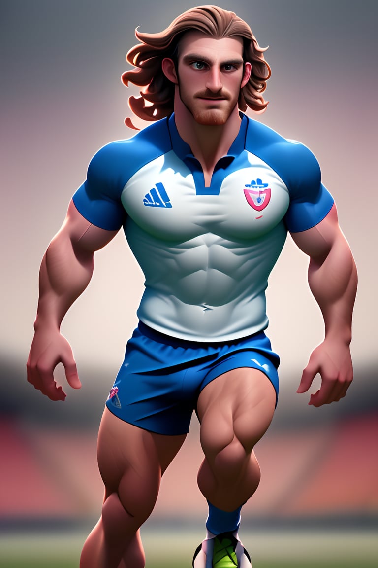 (masterpiece, only realistic, high quality), image of a handsome masculine manly Welsh man called Herin (intenselyrunning at the stadium playing soccer), medium hair, brown hair, beard, chest hair, wearing soccer uniform, soccer shoes, stadium background, outdoors, highres image scan, associated press, uhd, matte, exceptional, epic,herin