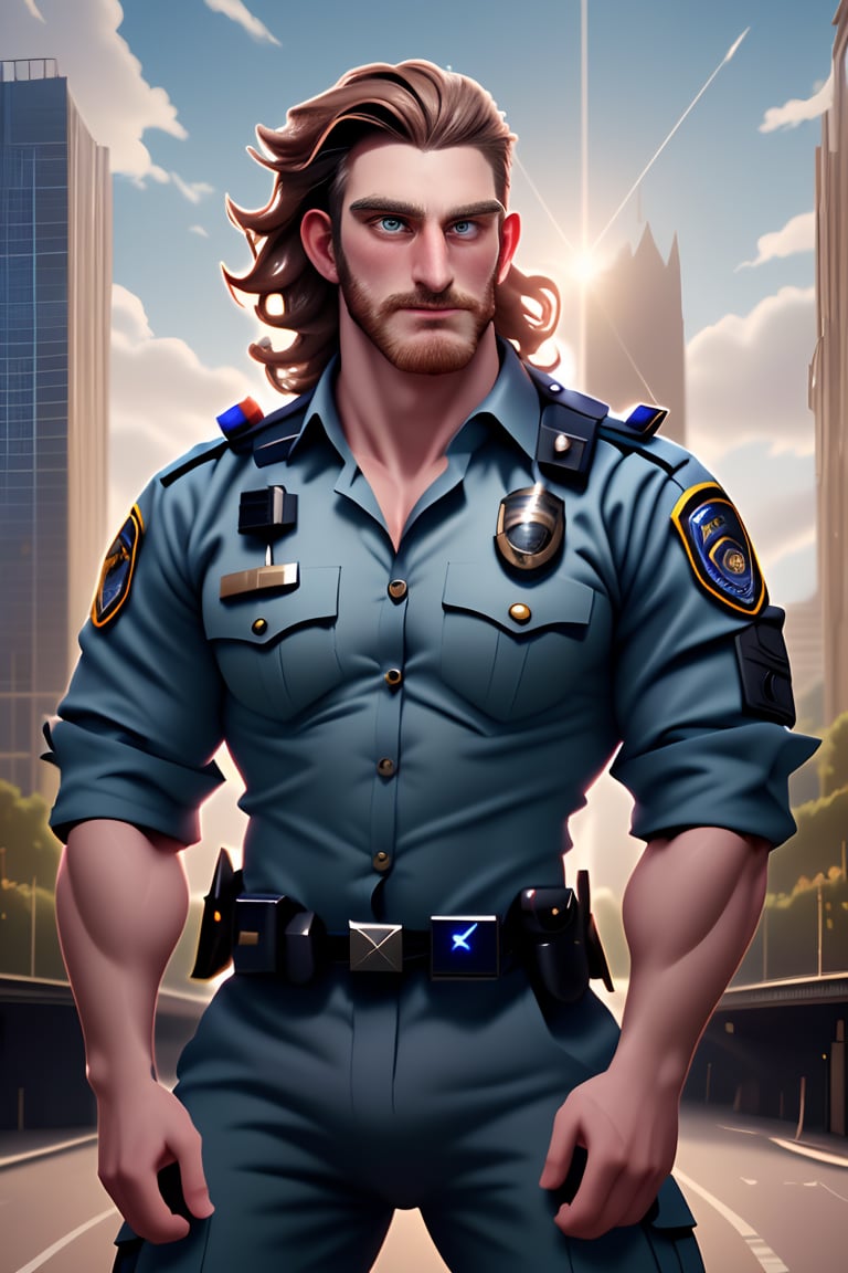 (masterpiece, only realistic, high quality), image of a handsome masculine manly Welsh man called Herin, medium hair, brown hair, beard, wearing well-rendered policeman closed shirt and policeman pants, beld, sidegun, outdoors, london city background, london tower, sky, bridge, building, clouds, sun, highres image scan, associated press, uhd, matte, exceptional, epic,herin