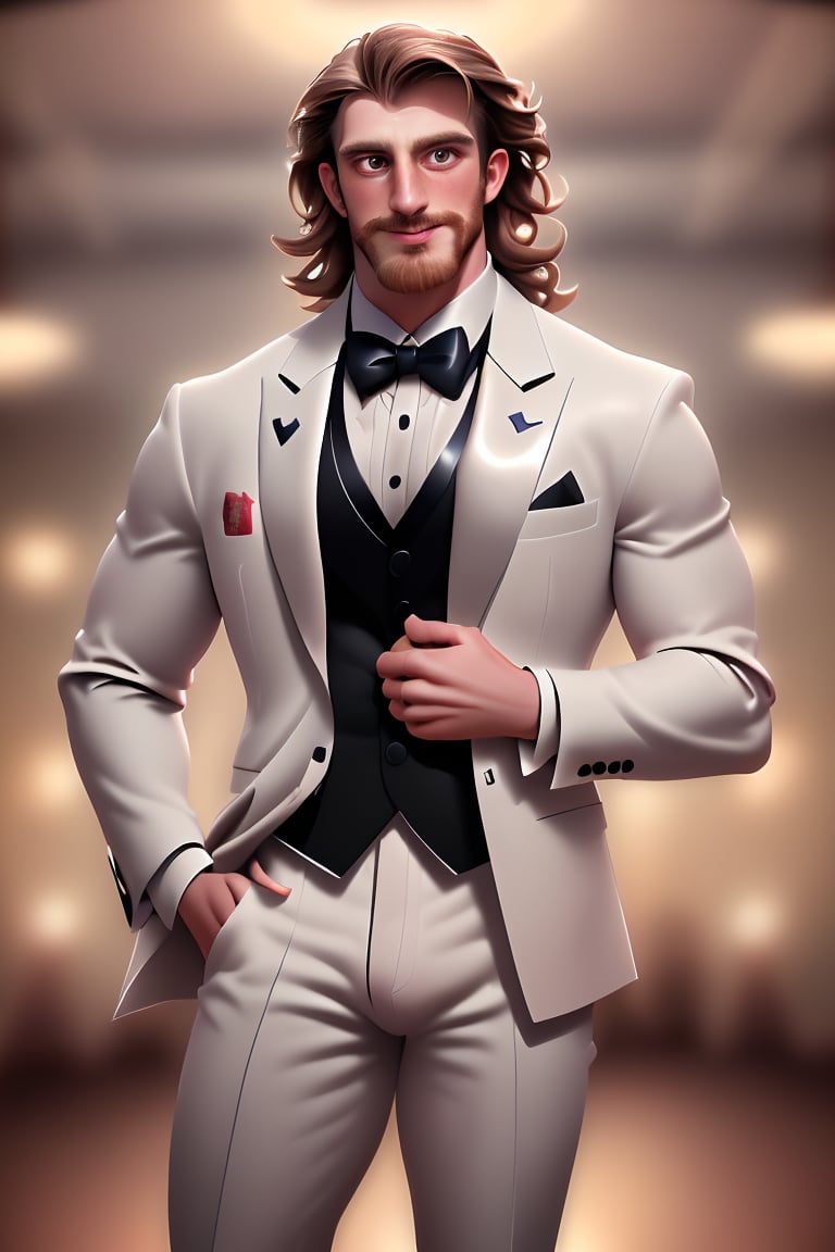  (masterpiece, only realistic, high quality), image of a handsome masculine manly Welsh man called Herin, medium hair, brown hair, beard, wearing well-rendered tuxedo, indoors, at the party royal gala ballroom, faded crowd in the background, highres image scan, associated press, uhd, matte, exceptional, epic,herin