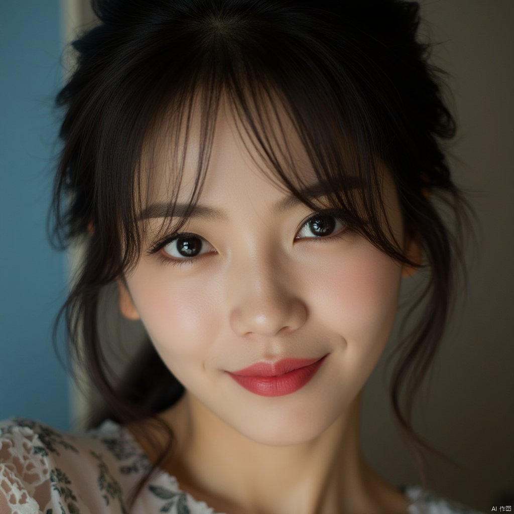 (masterpiece, best quality, high resolution),1 chinese girl,black hair,beautiful detailed eyes,cinematic angle,soft light,extremely detailed face,long eyelashes,skin details,light smile,looking at viewer,light and shadow details,
