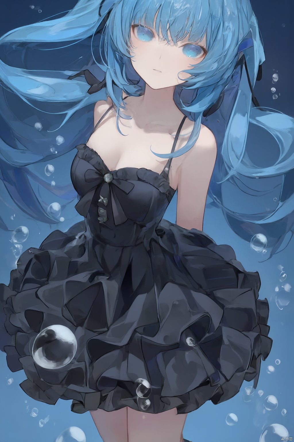 1girl, air_bubble, bangs, bare_shoulders, black_bow, black_dress, blue_eyes, blue_hair, bubble,collarbone, dress, eyebrows_visible_through_hair,floating_hair, frilled_dress, frills, hatsune_miku, long_hair, looking_at_viewer, parted_lips, sleeveless, solo, submerged, twintails, underwater, very_long_hair