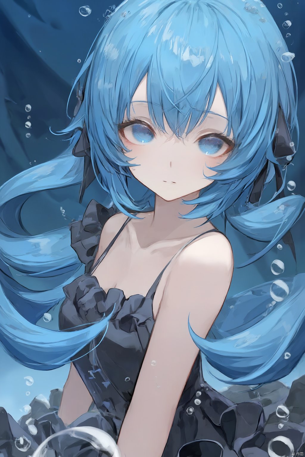 1girl, air_bubble, bangs, bare_shoulders, black_bow, black_dress, blue_eyes, blue_hair, bubble,collarbone, dress, eyebrows_visible_through_hair,floating_hair, frilled_dress, frills, hatsune_miku, long_hair, looking_at_viewer, parted_lips, sleeveless, solo, submerged, twintails, underwater, very_long_hair