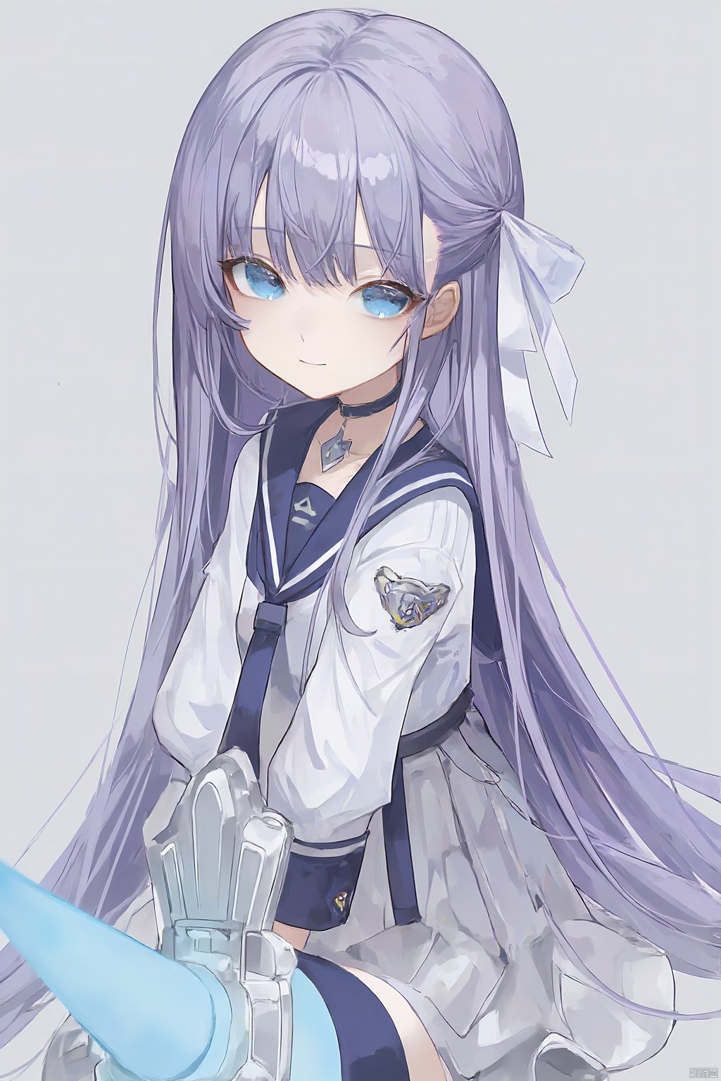 1girl, bangs, blue_eyes, choker, collar, gradient, gradient_background, grey_background, hair_ribbon, long_hair, long_sleeves, looking_at_viewer, meltryllis_\(fate\), parted_lips, boots, purple_hair, ribbon, sailor_collar, school_uniform, serafuku, skirt, sleeves_past_fingers, sleeves_past_wrists, solo, very_long_hair, white_ribbon