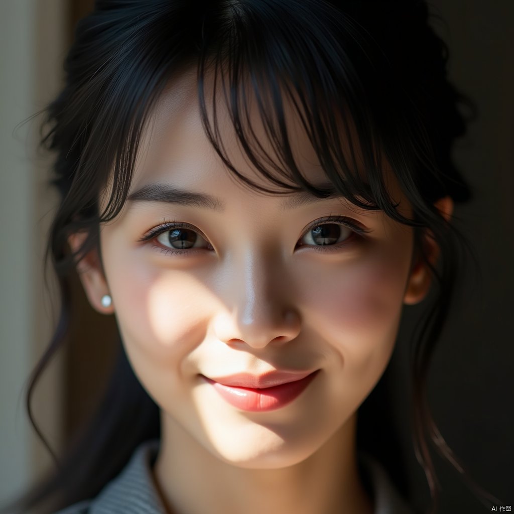 (masterpiece, best quality, high resolution),1 chinese girl,black hair,beautiful detailed eyes,cinematic angle,soft light,extremely detailed face,long eyelashes,skin details,light smile,looking at viewer,light and shadow details,